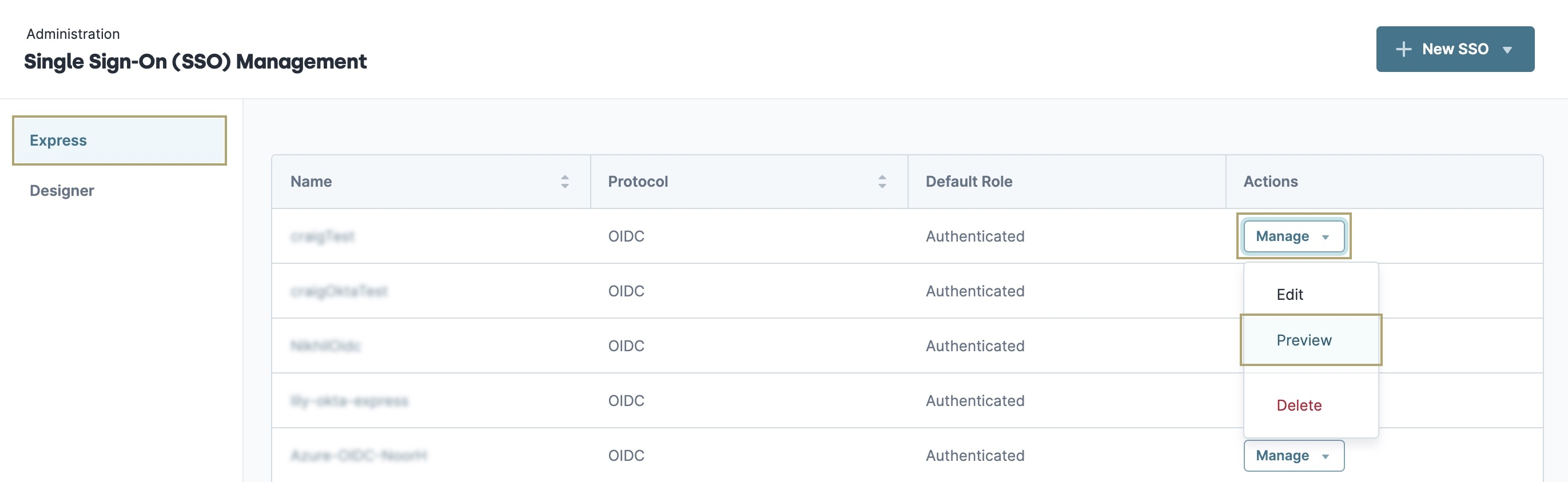 A static image displaying how to preview your SSO configuration on the Single Sign-On (SSO) Management page.