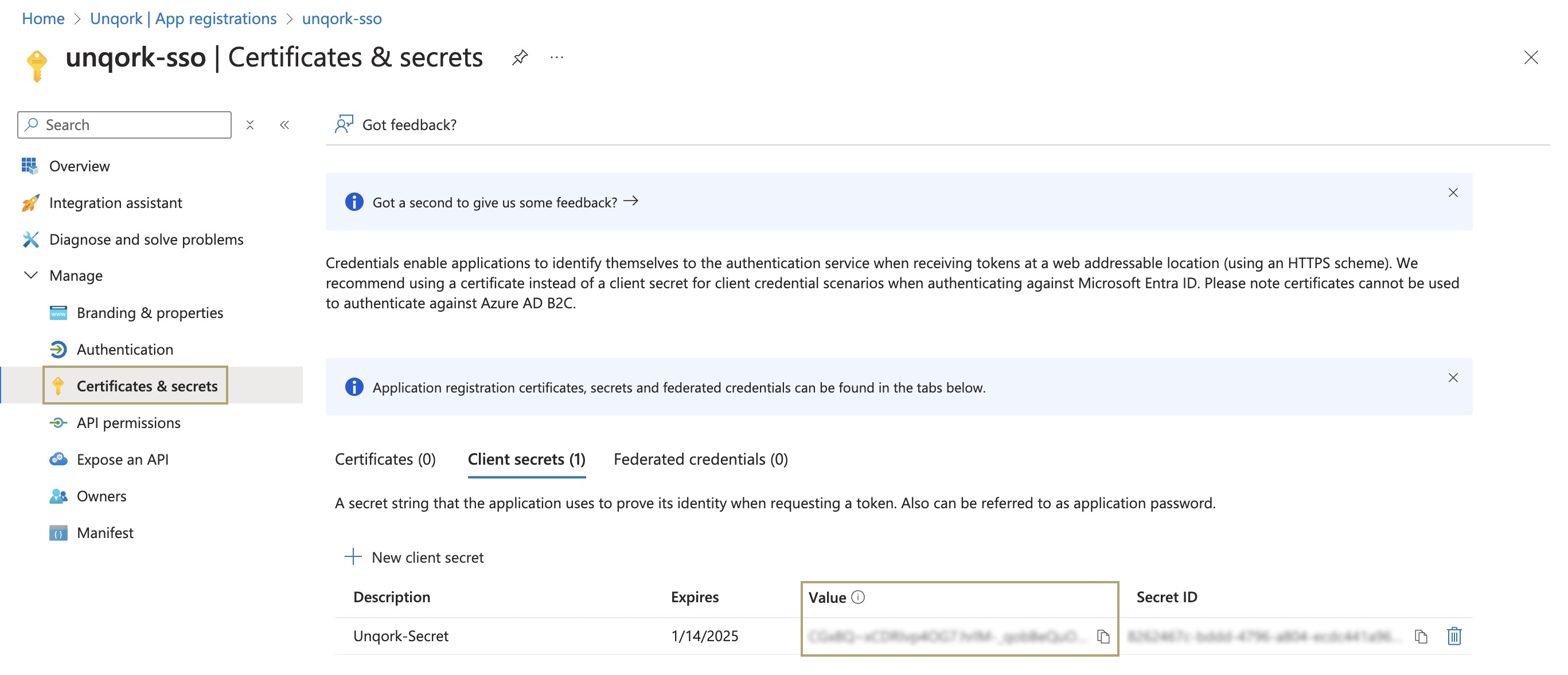 A static image displaying the Client Secret Value that must be copied for use in the OIDC configuration in Unqork.