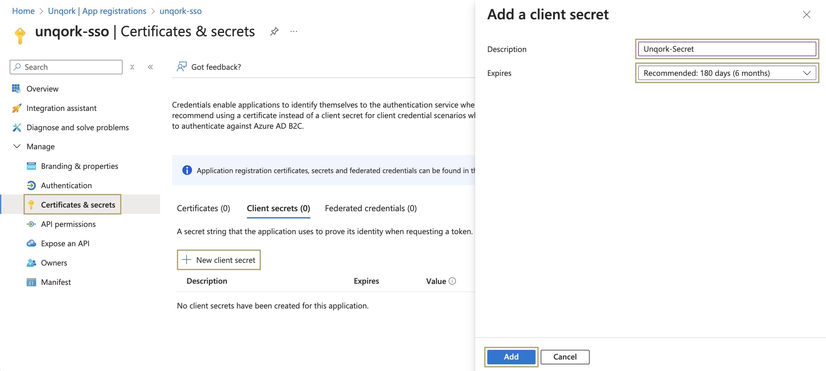 A static image displaying how to create a client secret.