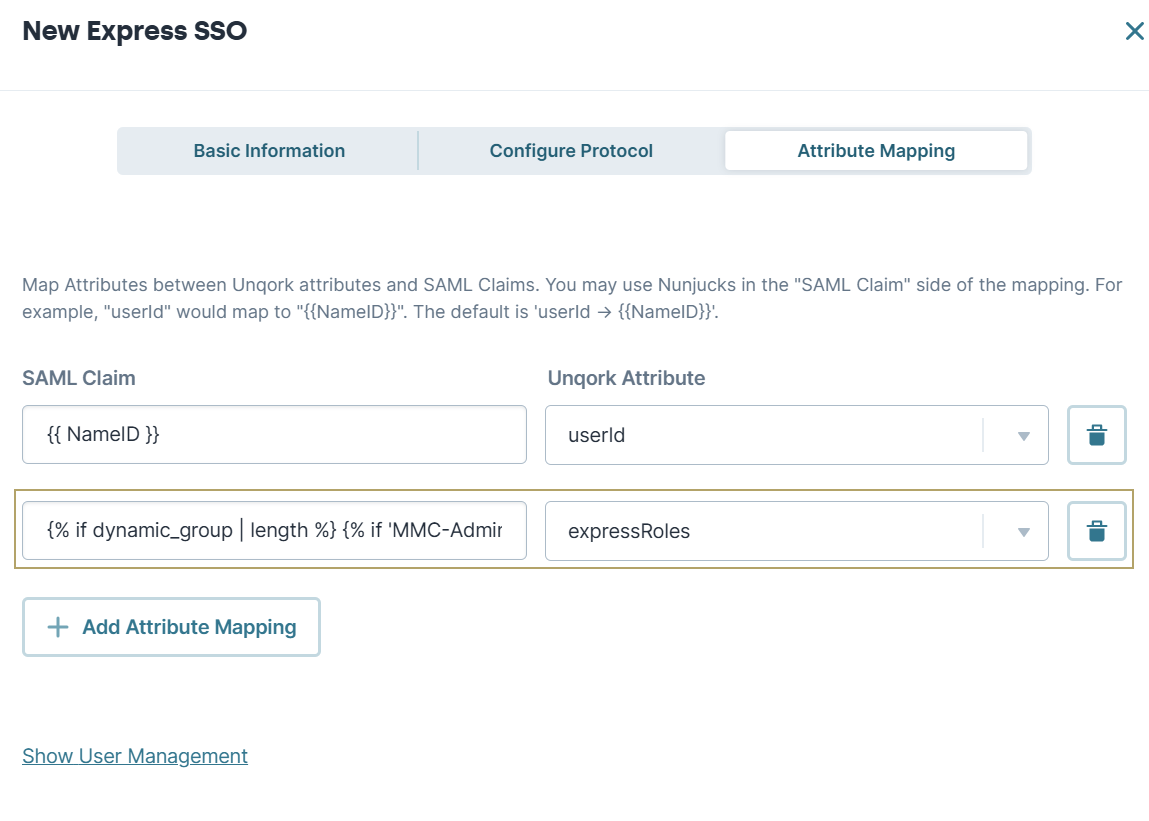 A static image displaying the New Express SSO modal. The expressRoles Unqork attribute field is highlighted with the associated SAML Claim