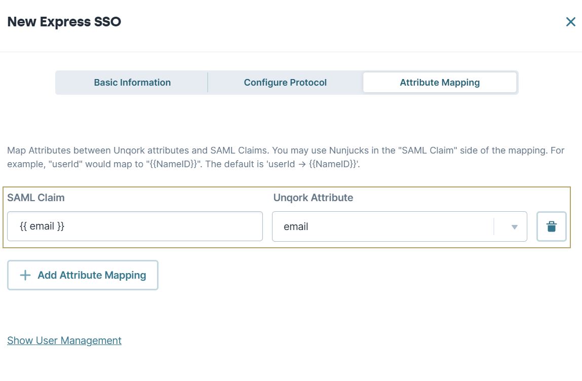 A static image displaying the New Express SSO modal. The tab is set to Attribute Mapping. The unqork attribute is set to email and the samel claim is set to email in brackets.