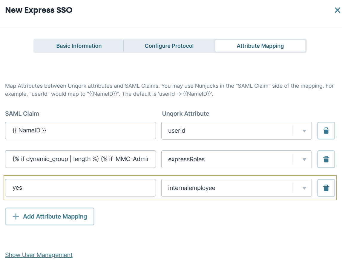 A static image displaying the New Express SSO modal, the Attribute Mapping tab is displayed, and the Unqork attribute internalemployee is set to yes.