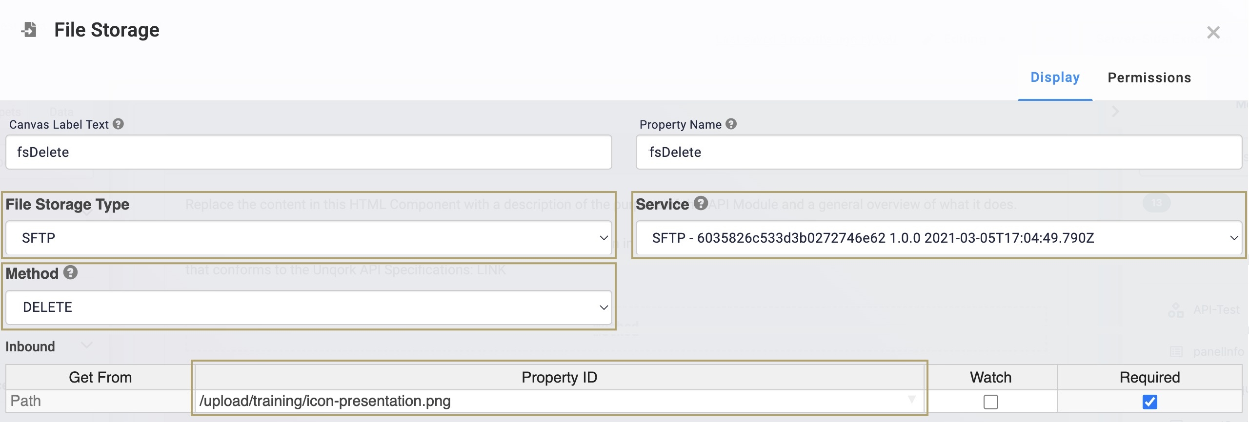 A static image displaying the DELETE configuration with the file path hardcoded into the File Storage component.