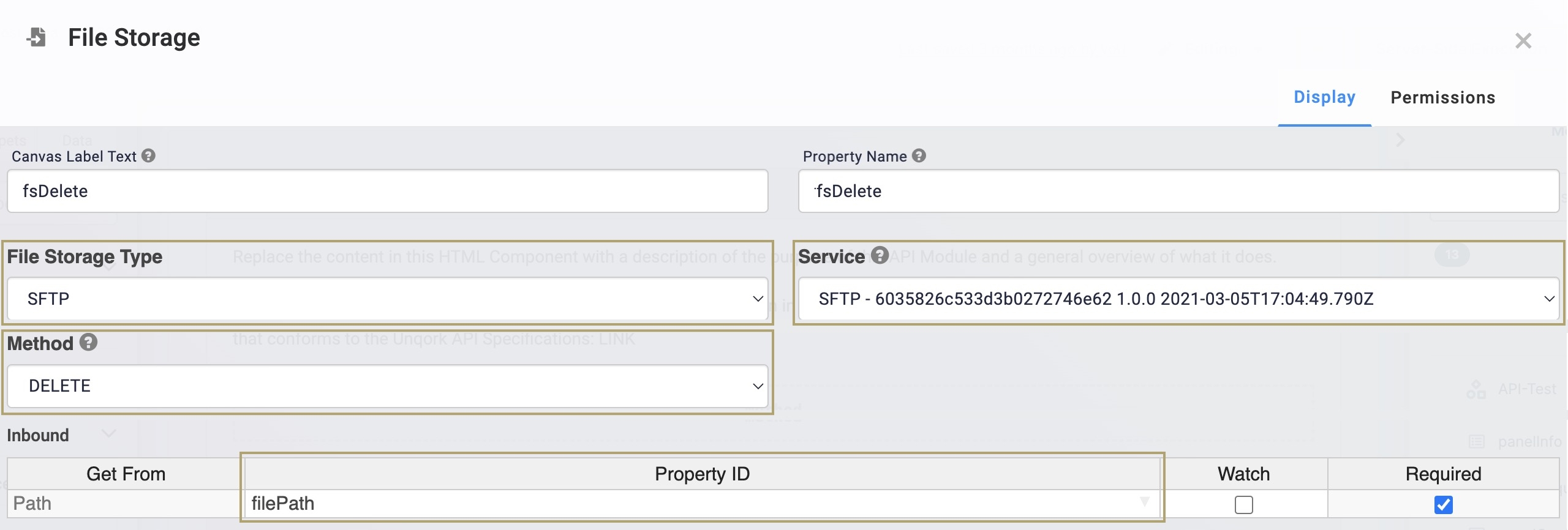 A static image displaying the DELETE configuration with the Property ID of the Hidden component added to the File Storage component.