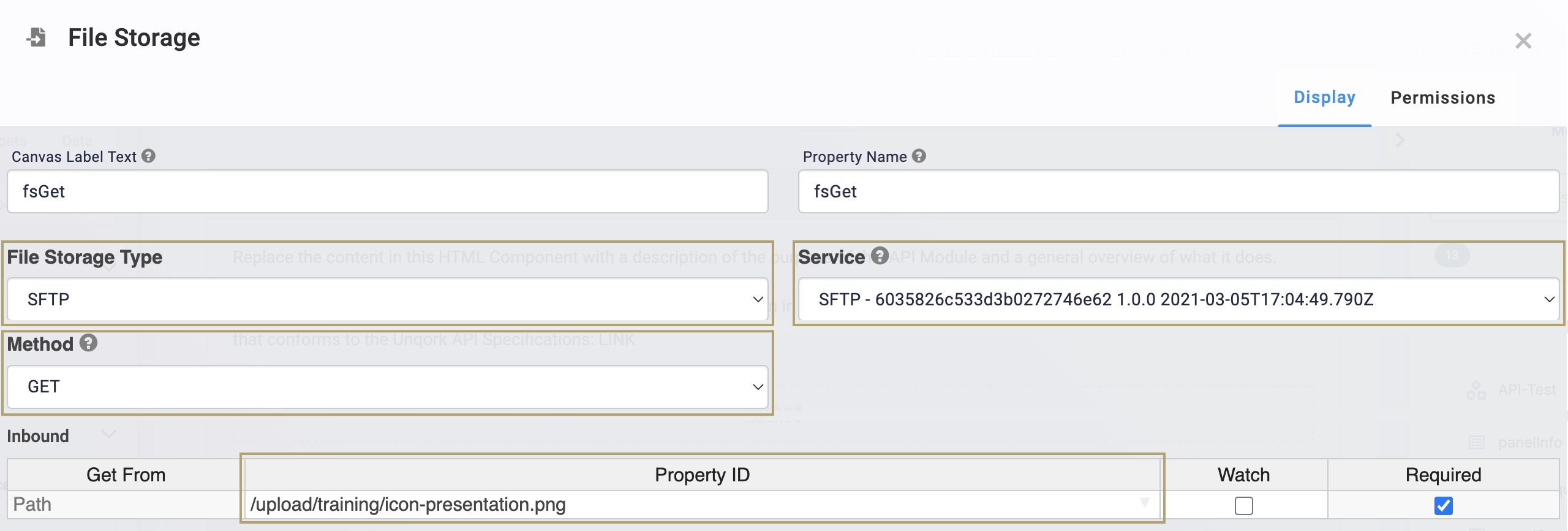 A static image displaying the GET configuration with the file path hardcoded into the File Storage component.