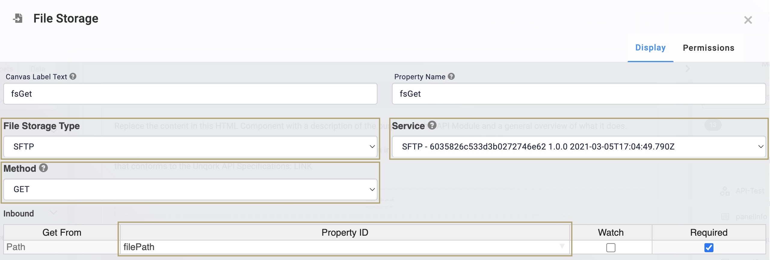 A static image displaying the GET configuration with the Property ID of the Hidden component added to the File Storage component.