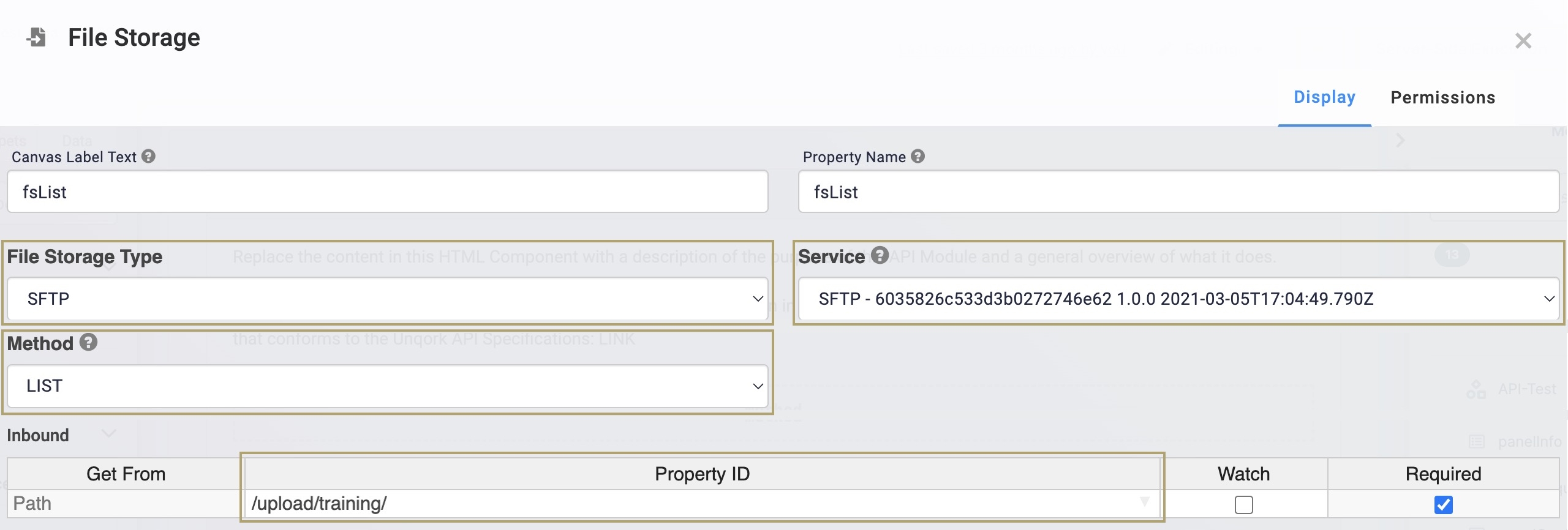 A static image displaying the LIST configuration with the file path hardcoded into the File Storage component.