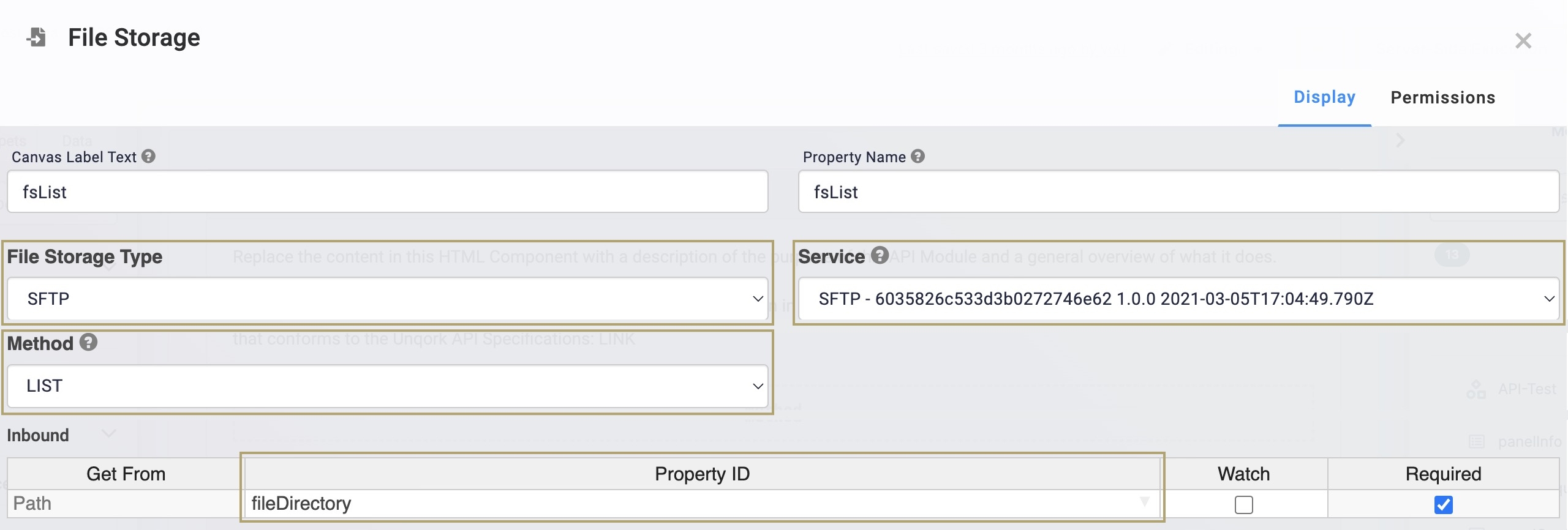 A static image displaying the LIST configuration with the Property ID of the Hidden component added to the File Storage component.