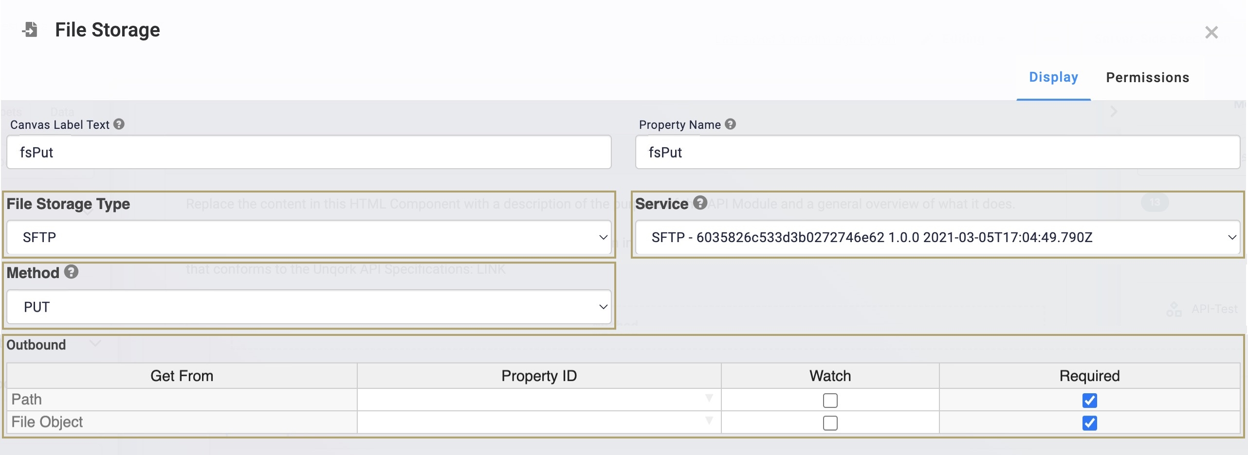 A static image displaying the PUT configuration and the Outbound table in the File Storage component.