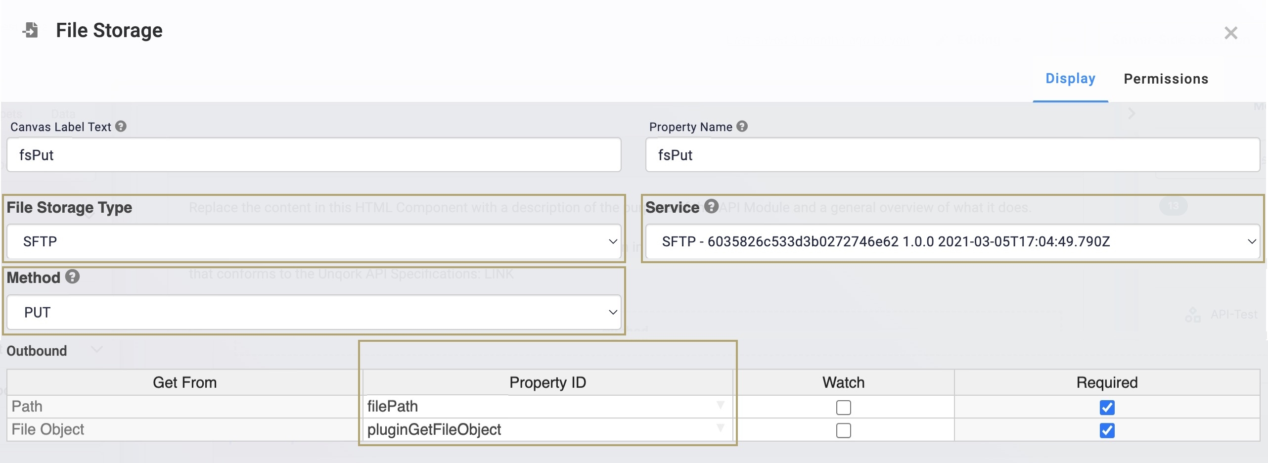 A static image displaying the PUT configuration of the Outbound table in the File Storage component.