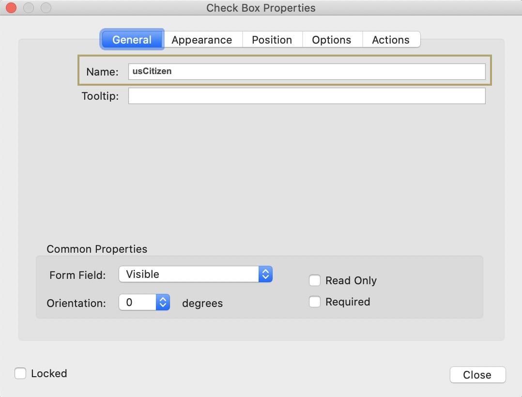 A static image displaying the Adobe Acrobat Check Box Properties screen, the Name field contains the Property ID used to map to the PDF Template plug-in.