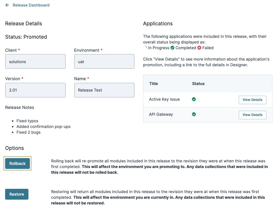 A static image displaying the Release Details modal and the Rollback button.