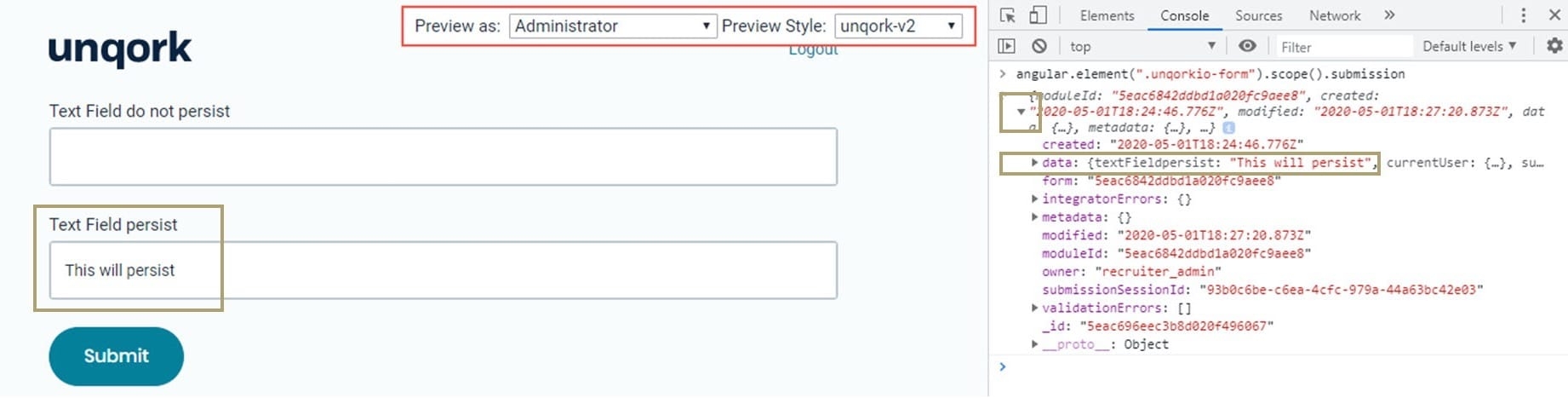 A static image displaying the submission data with a data command.