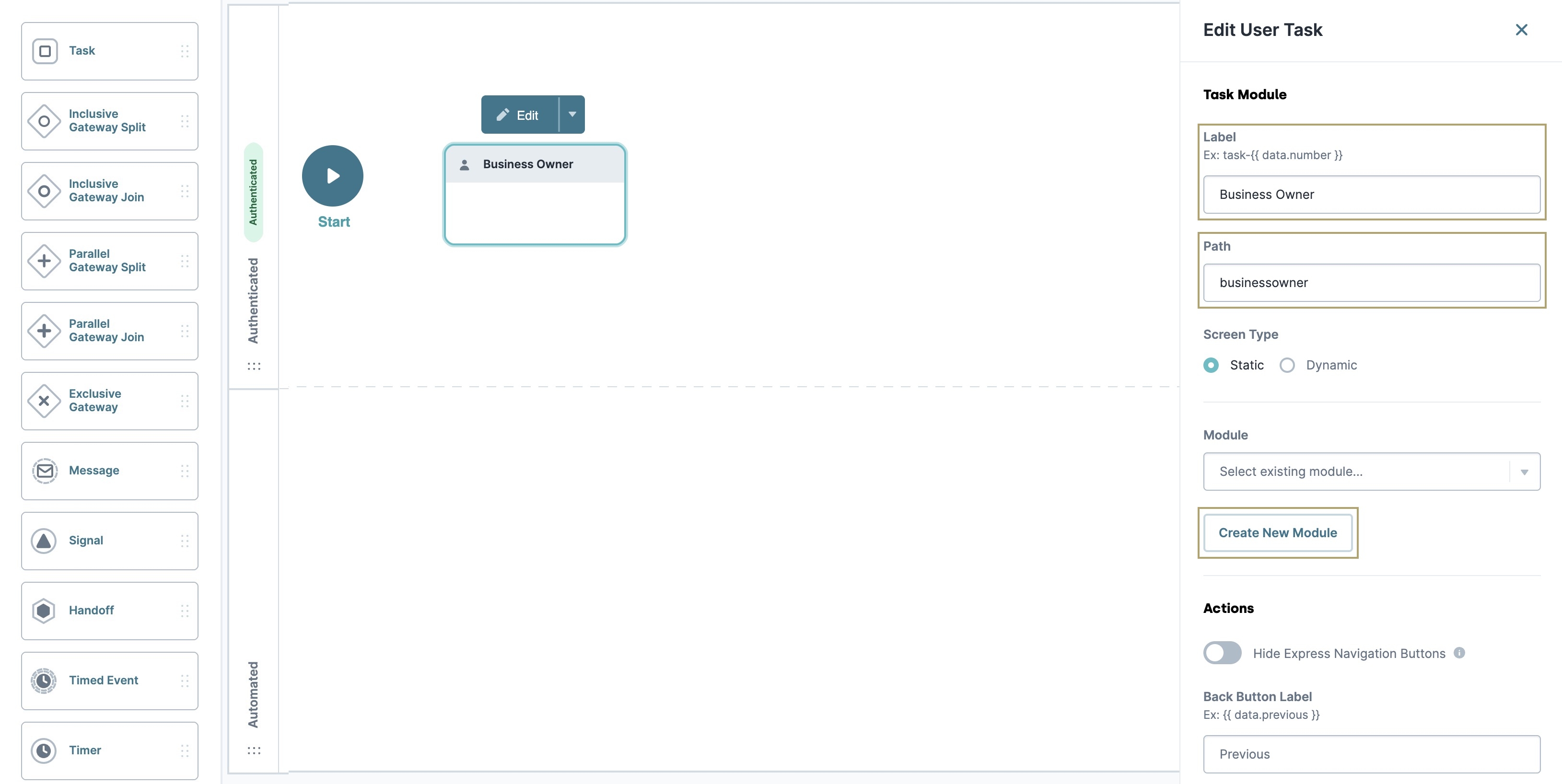 A static image displaying the Business Owner Edit User Task panel, highlighting the Create New Module button.