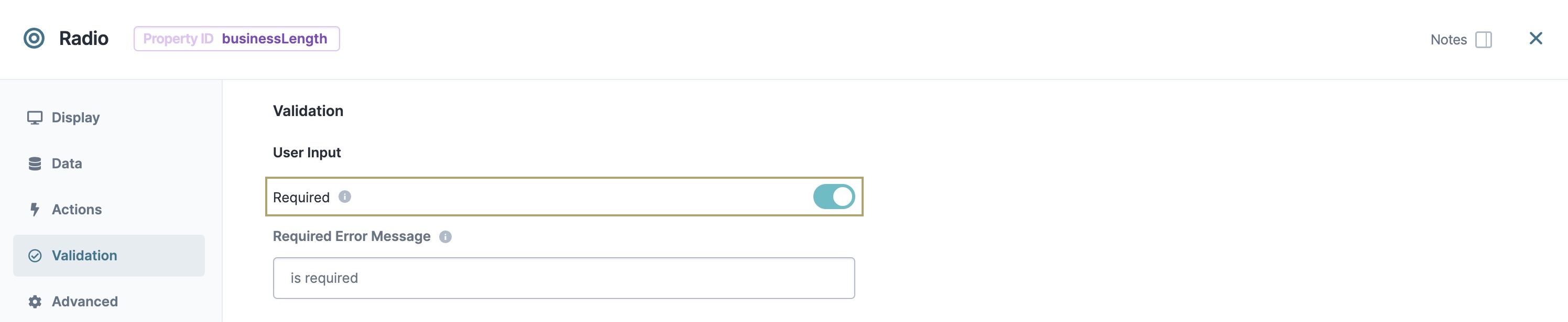 A static image displaying the Validation Panel settings of the first Radio Buttons component.