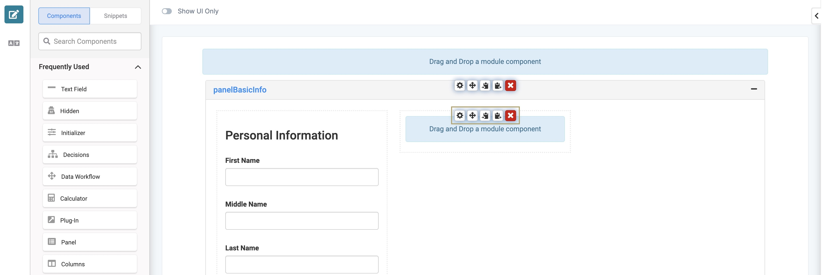 A static image displaying the 5-button toolbar of the Columns component.