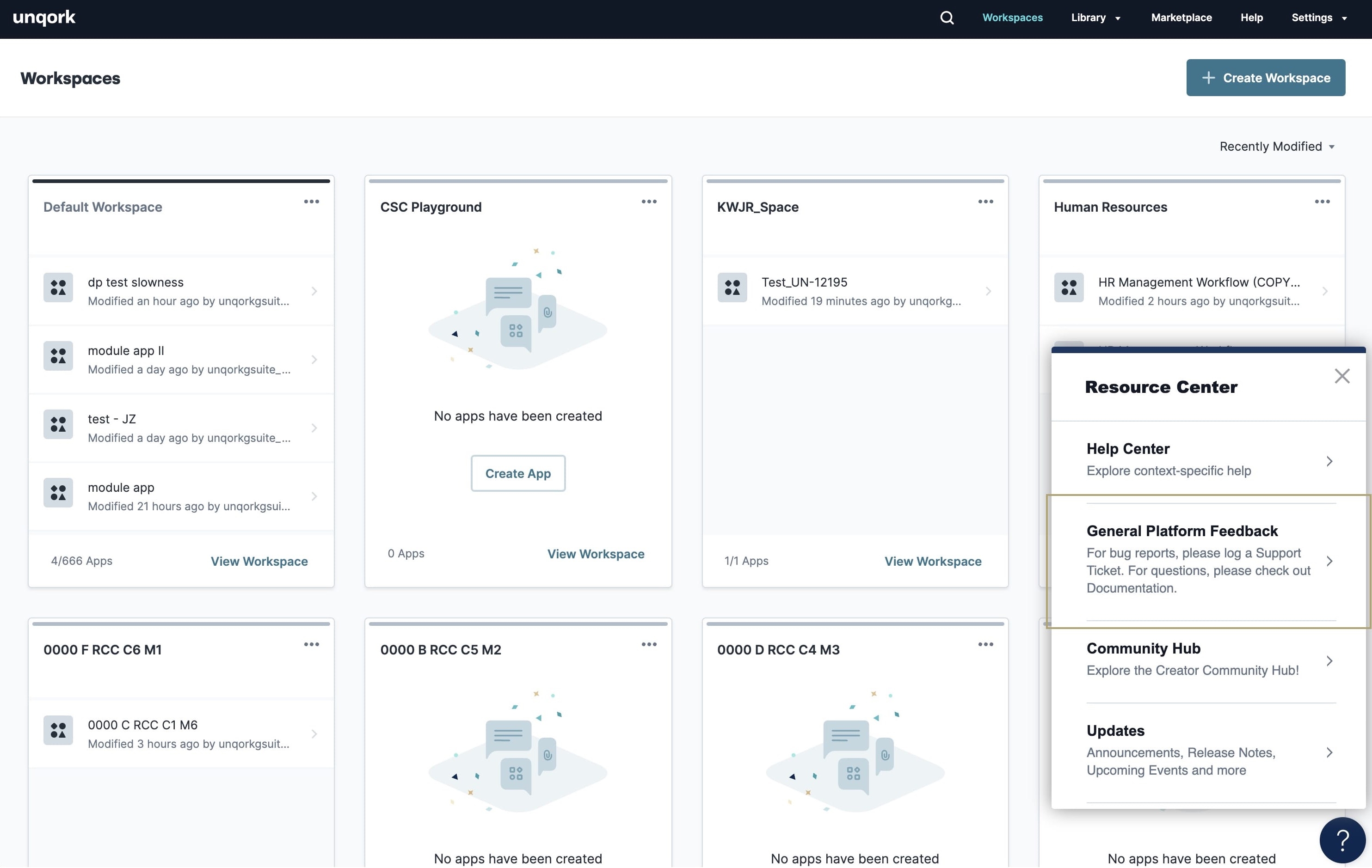 A static image displaying the General Platform Feedback option when clicking the blue question mark in the bottom-right corner of the Workspaces page.