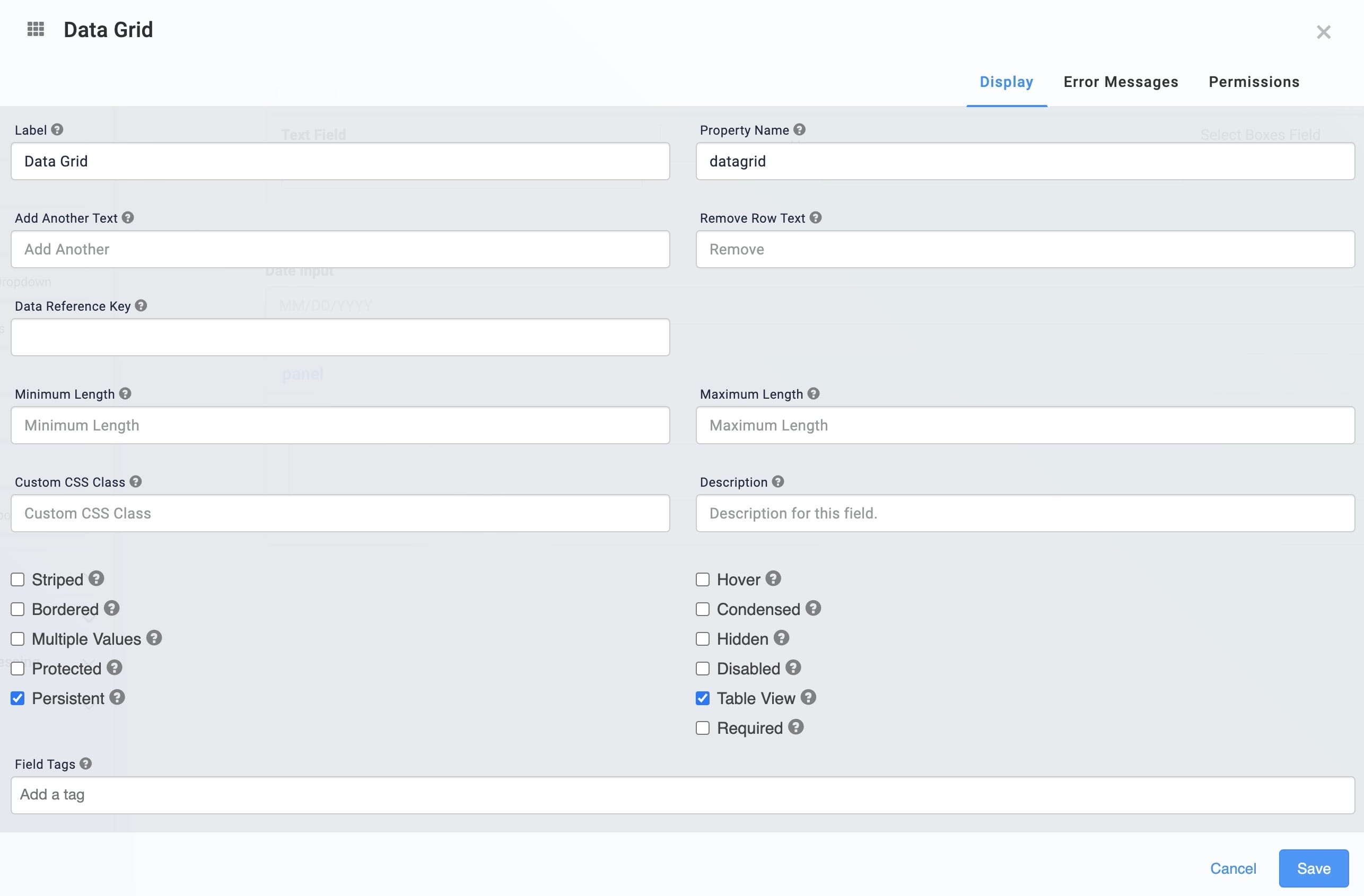 A static image displaying the Data Grid configuration window.