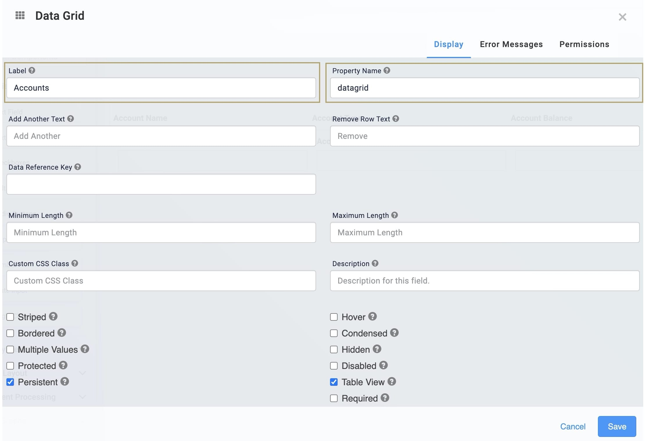 A static image displaying the Data Grid configuration window.