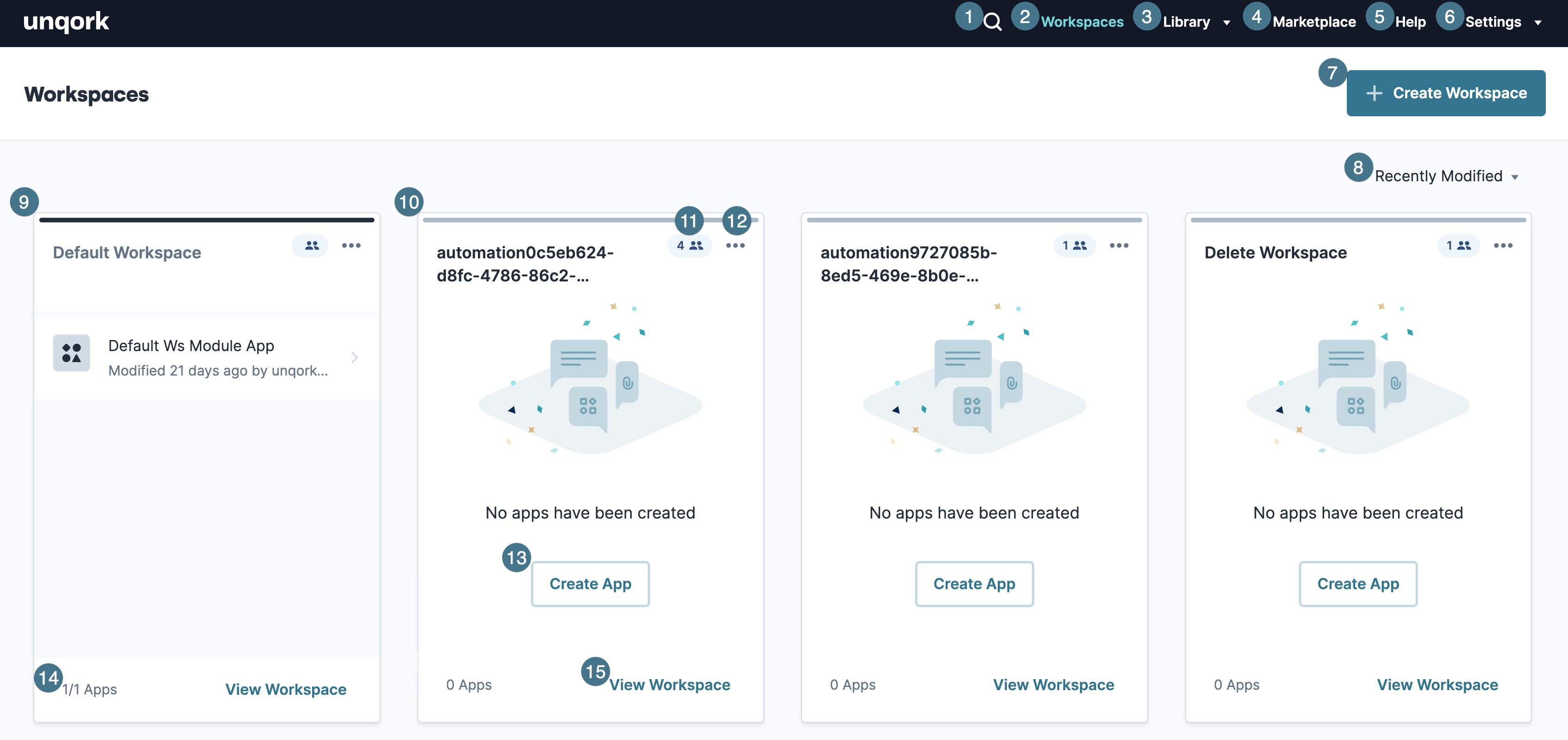 A static image of all the settings, options, and attributes you'll find on the Workspaces page of your environment.