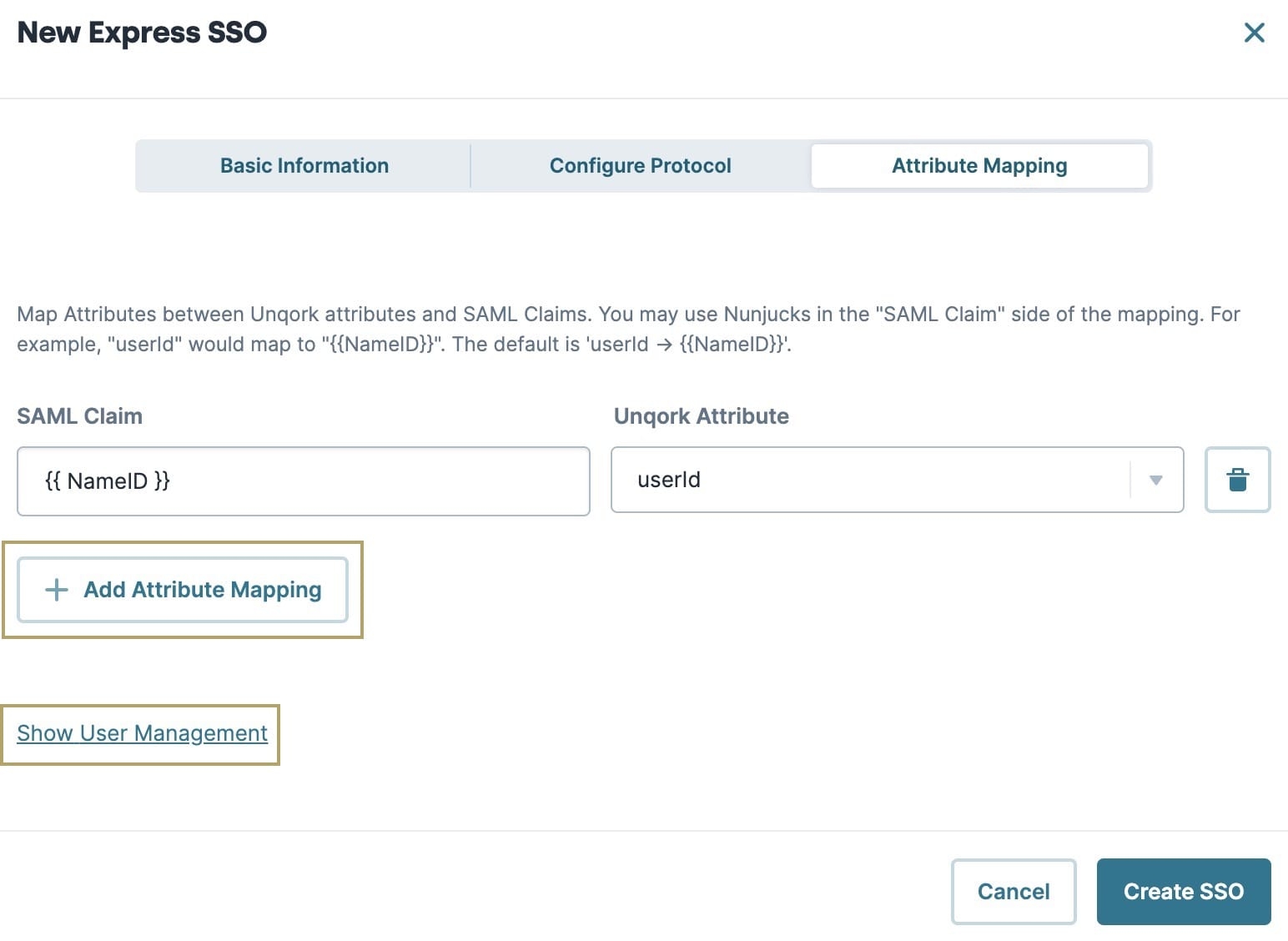 A image showing attribute mapping fields for creating new SSO