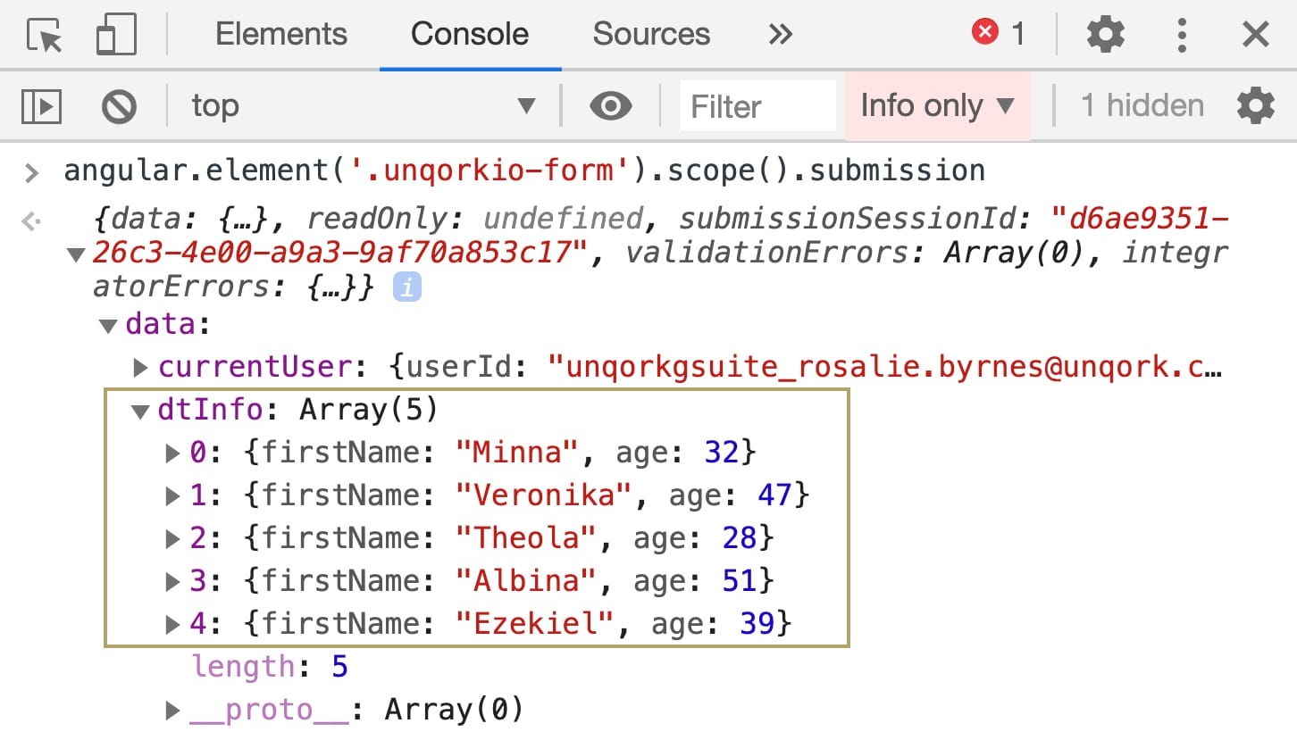 A static image displaying data table in dev tools console.
