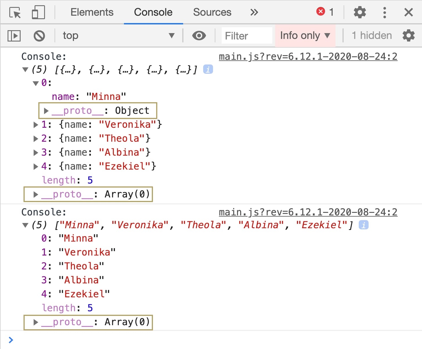 A static image displaying the proto values n dev tools console.