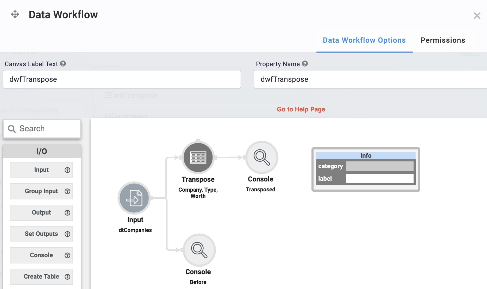 A static image showing the Data Workflow configuration for the Transpose operator.