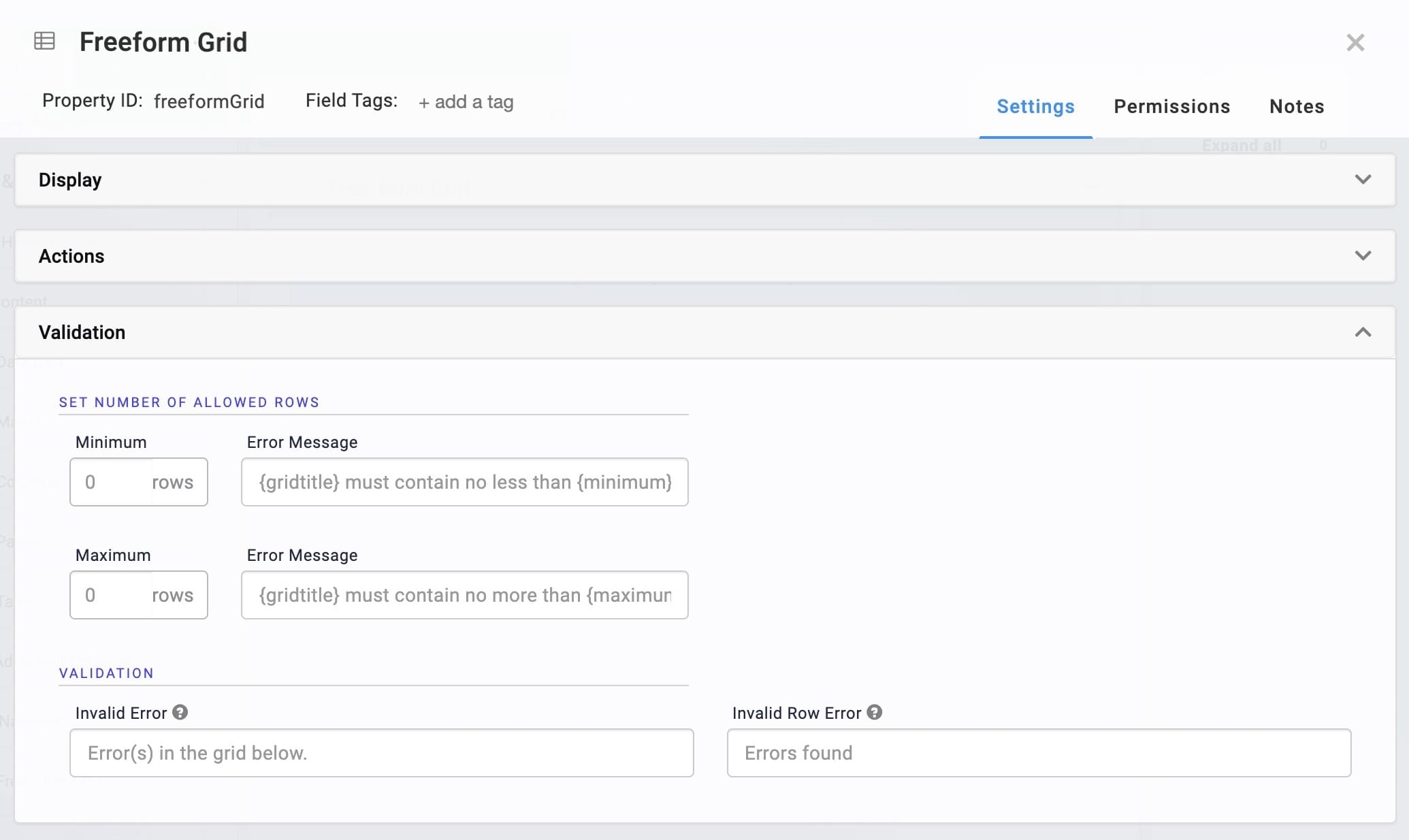 Static image displaying the Freeform Grid Validation configuration settings.