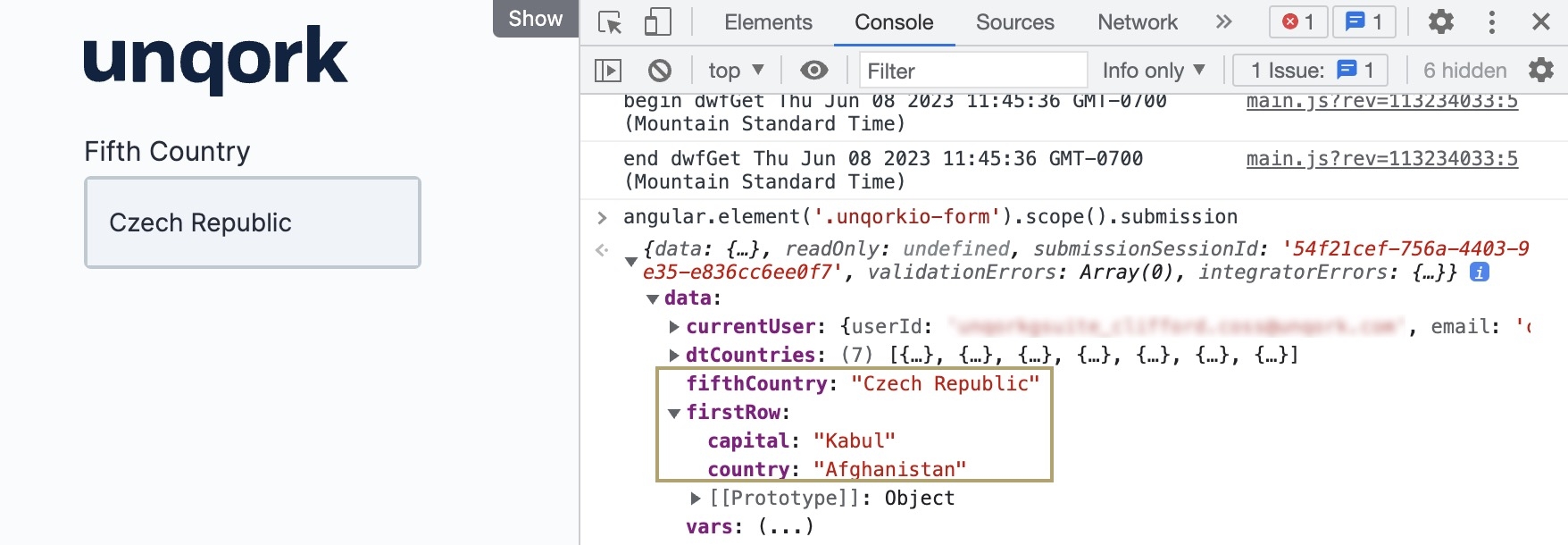 A static image displaying the fifth country from the country column in Express View. As well as the output data in the DevTools Console.