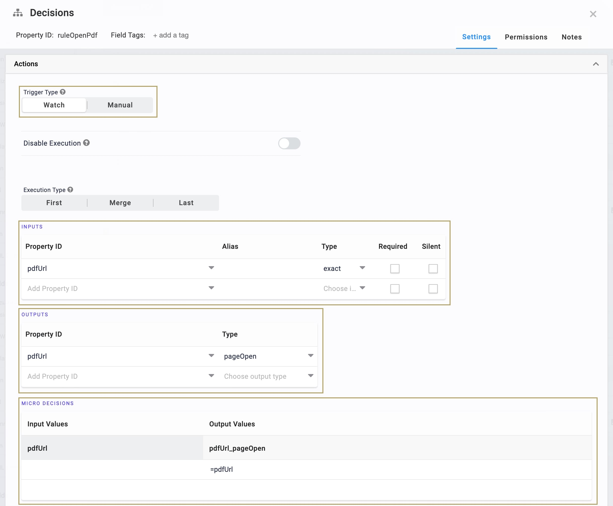 Static image displaying the ruleOpenPdf Decisions component's configuration.