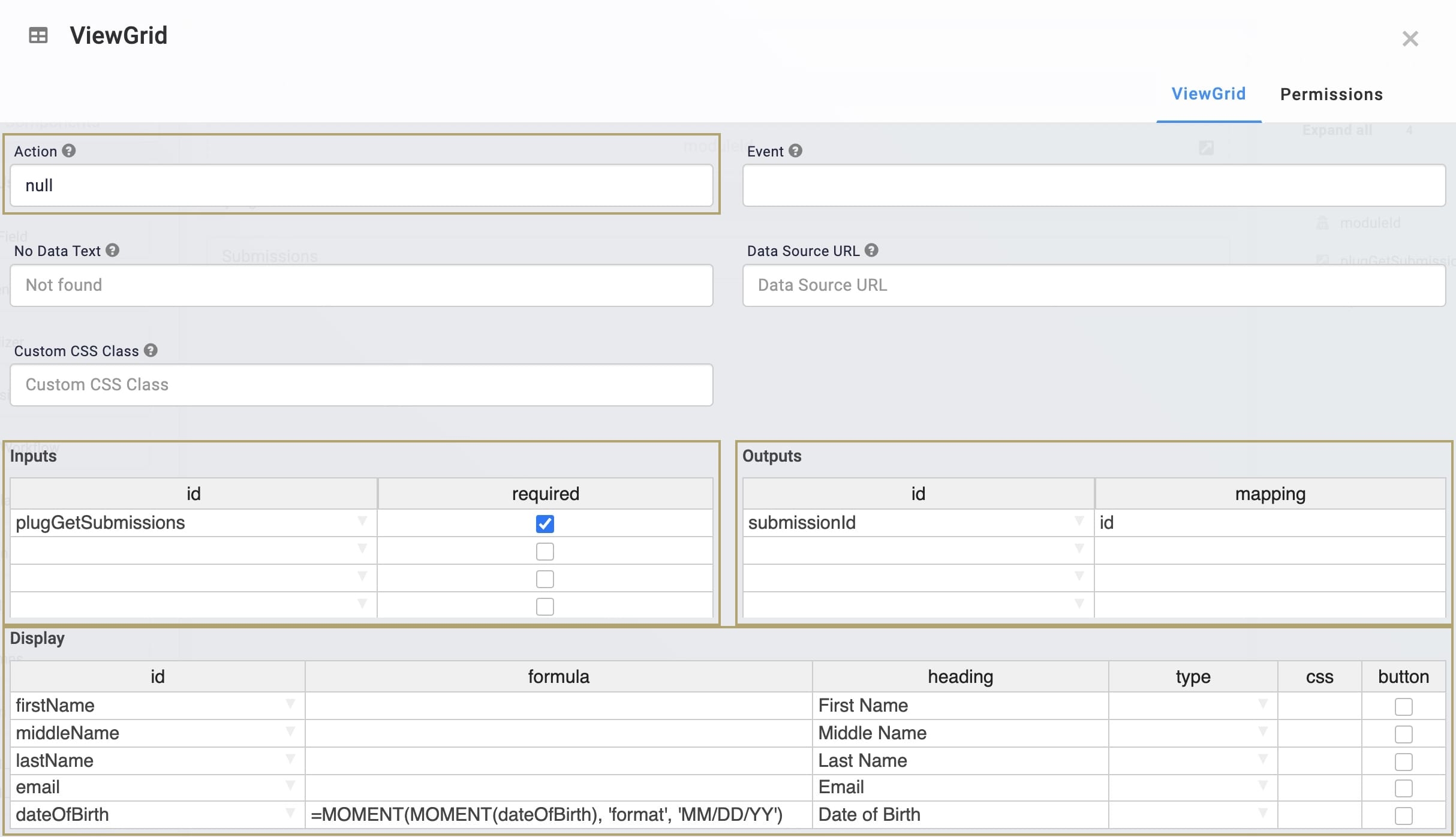 A static image displaying the completed configuration of the ViewGrid component in the Module Builder.