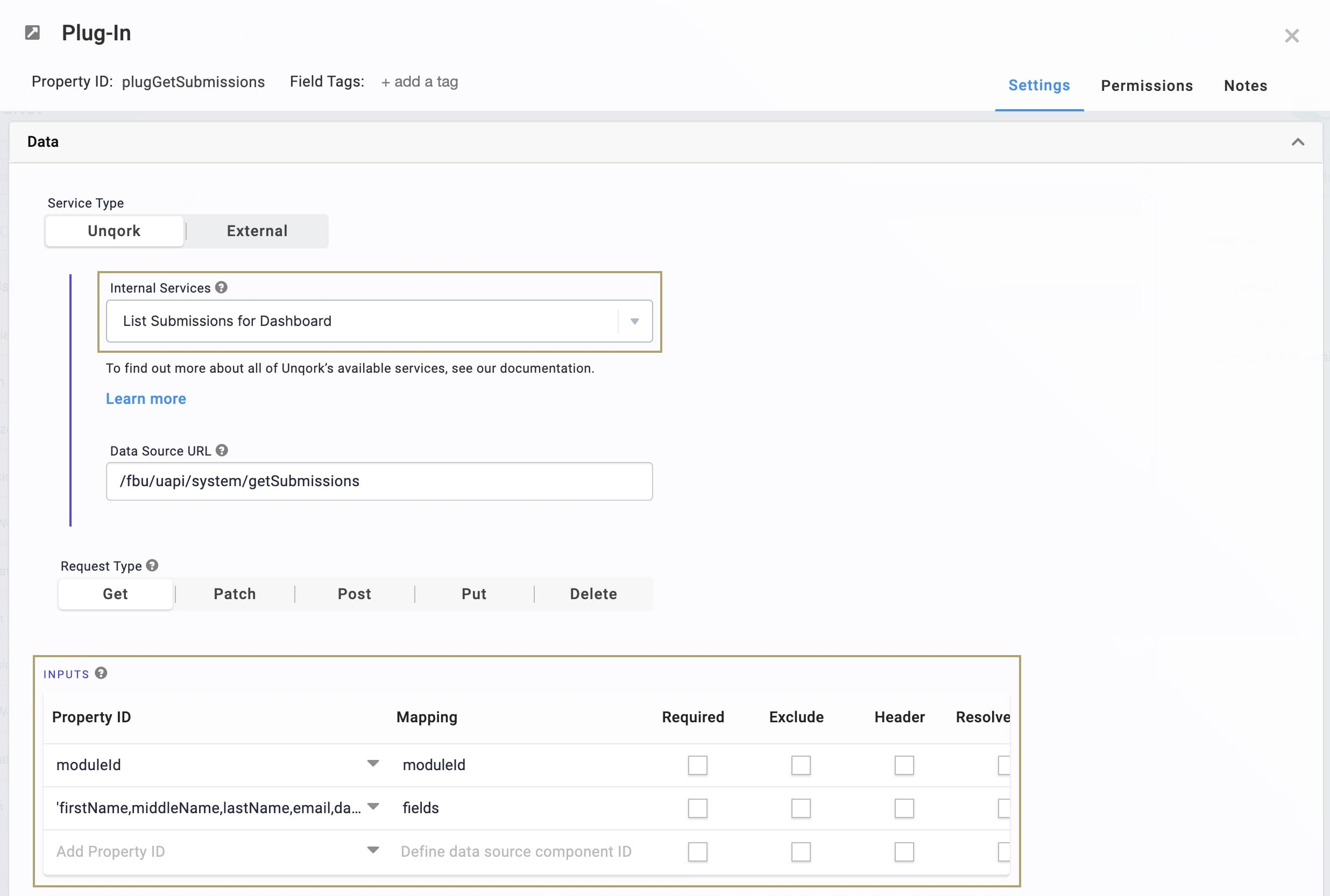 A static image displaying the List Submissions for Dashboard API and the Inputs table.