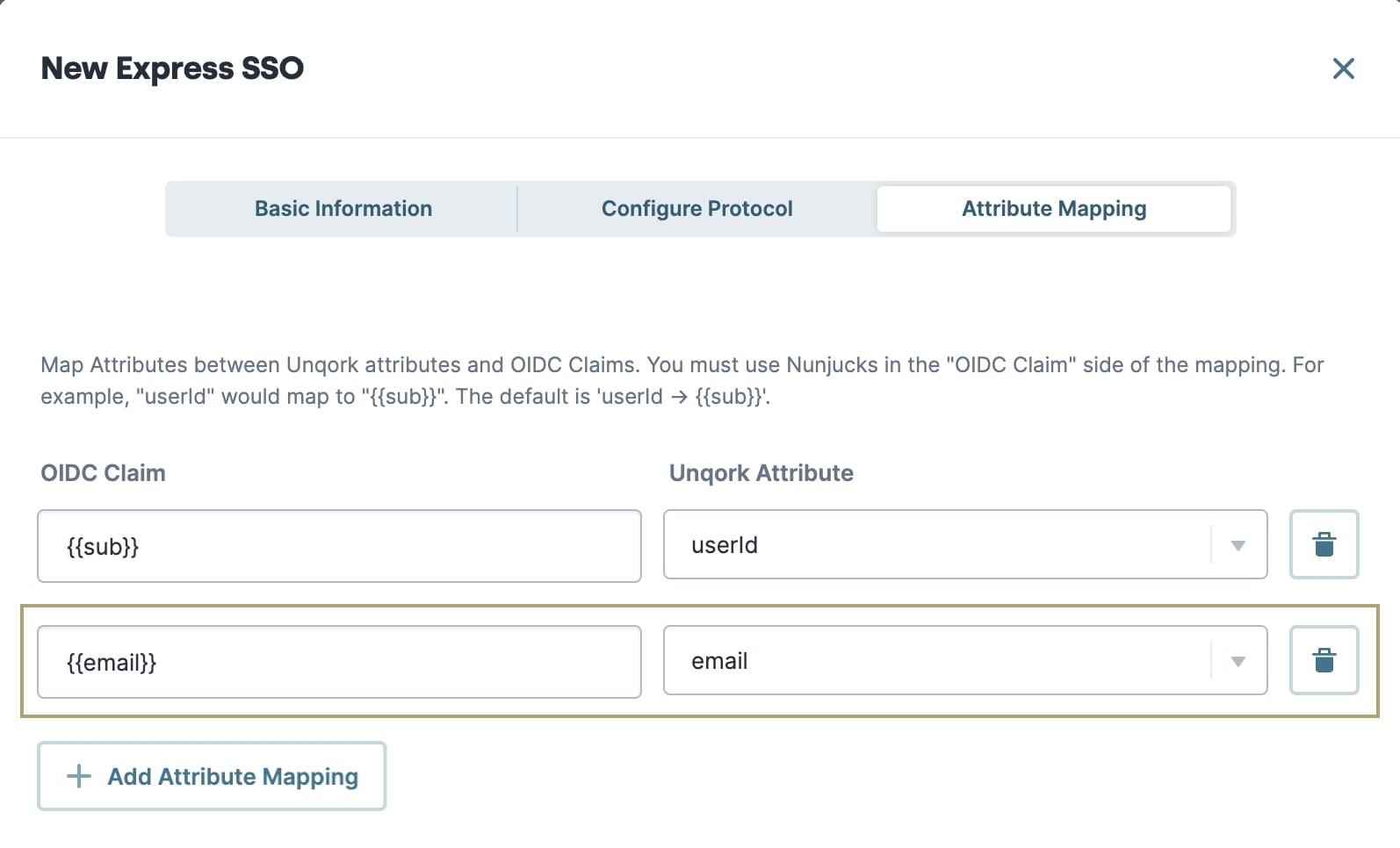 A static image displaying the New Express SSO Attribute Mapping OIDC Claim fields.