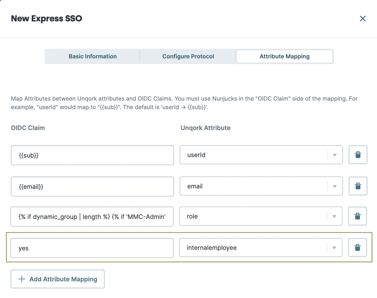 A static image displaying an attribute mapping in the OIDC Express SSO Attribute Mapping tab.