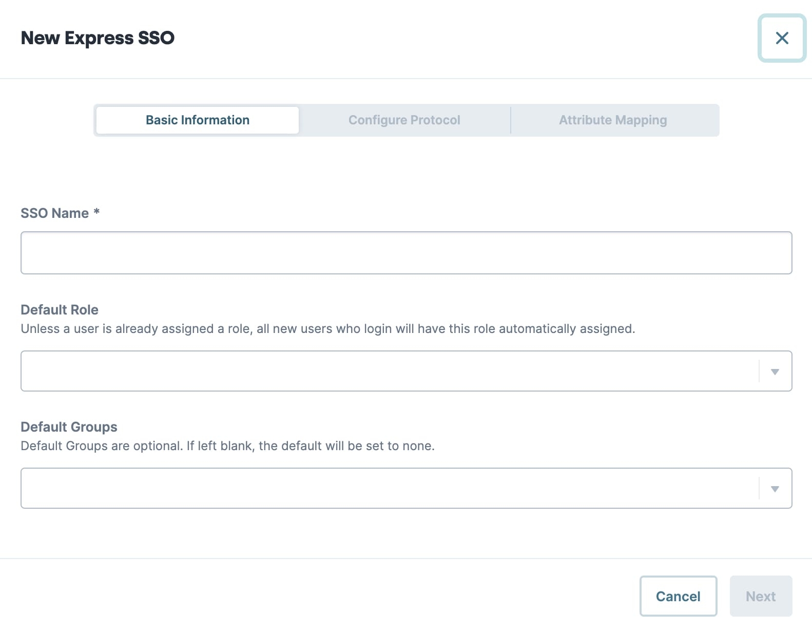 A static image displaying the New Express SSO Basic Information tab.